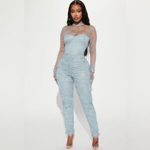 Fashion Nova Light Blue Sheer Lace Ruched Jumpsuit